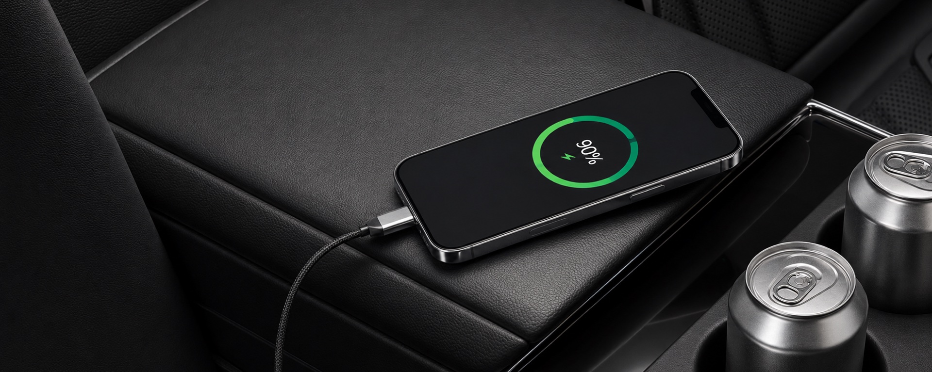 A phone charging on the leather rear armrest of an AmstelCab Mercedes-Benz EQE with chilled water in the cupholders, on the short run from Hoofddorp to Schiphol