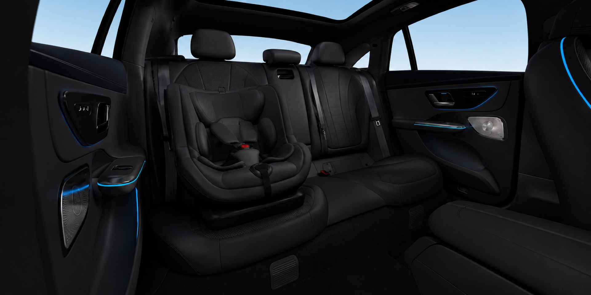 Rear-facing baby seat fitted in an AmstelCab Mercedes EQE