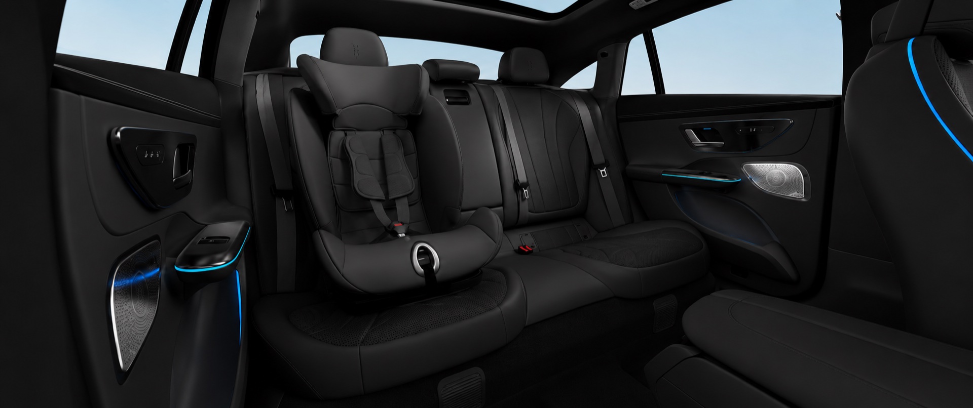 Child seat fitted in the rear of an AmstelCab Mercedes EQE