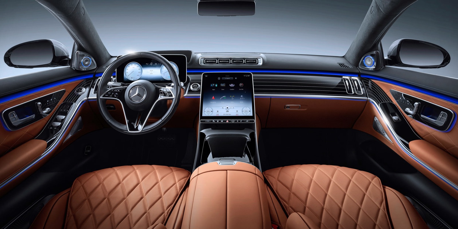 Front cabin of an AmstelCab Mercedes-Benz S-Class, the car used on the Amsterdam to Stuttgart route